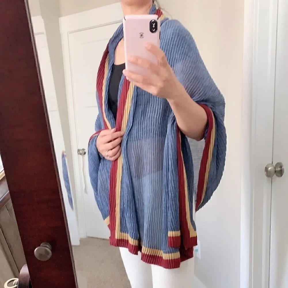 Colorblock Handmade Vintage Style Large Size Shawl/Wrap With Pleated Textured